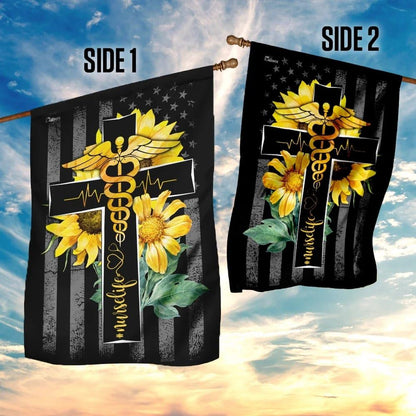 Nurse Life Sunflower Christian Cross House Flag, Outdoor Religious Flags, Christian Flag, Scripture Flag, Garden Banner