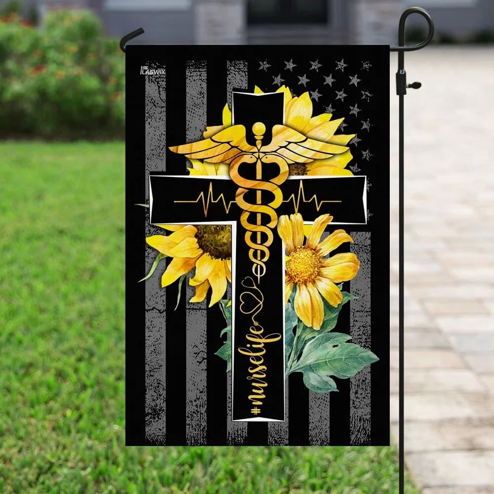 Nurse Life Sunflower Christian Cross House Flag, Outdoor Religious Flags, Christian Flag, Scripture Flag, Garden Banner