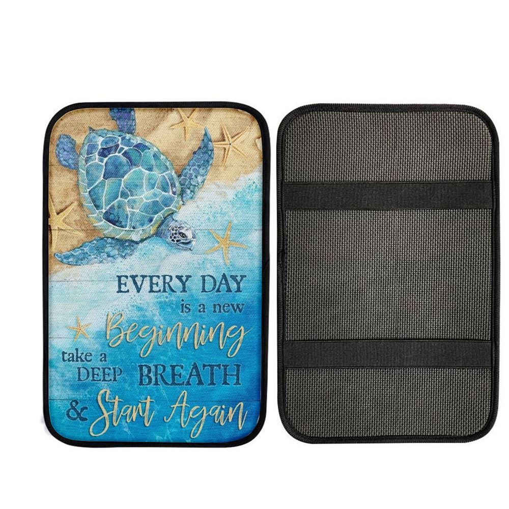 Ocean Painting Turtle Every Day Is A New Beginning Car Center Console Cover, Car Armrest Pad, Christian Gift, Armrest Box Mat