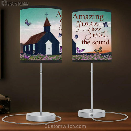 Old Country Church - Amazing Grace How Sweet The Sound Table Lamb Gift - Christian Bedroom Decor