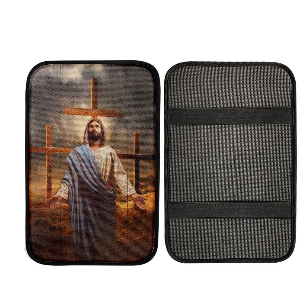 Old Rugged Cross, Jesus Painting, Black Cloud Car Center Console Cover, Car Armrest Pad, Christian Gift, Armrest Box Mat