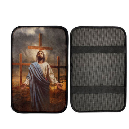 Old Rugged Cross, Jesus Painting, Black Cloud Car Center Console Cover, Car Armrest Pad, Christian Gift, Armrest Box Mat