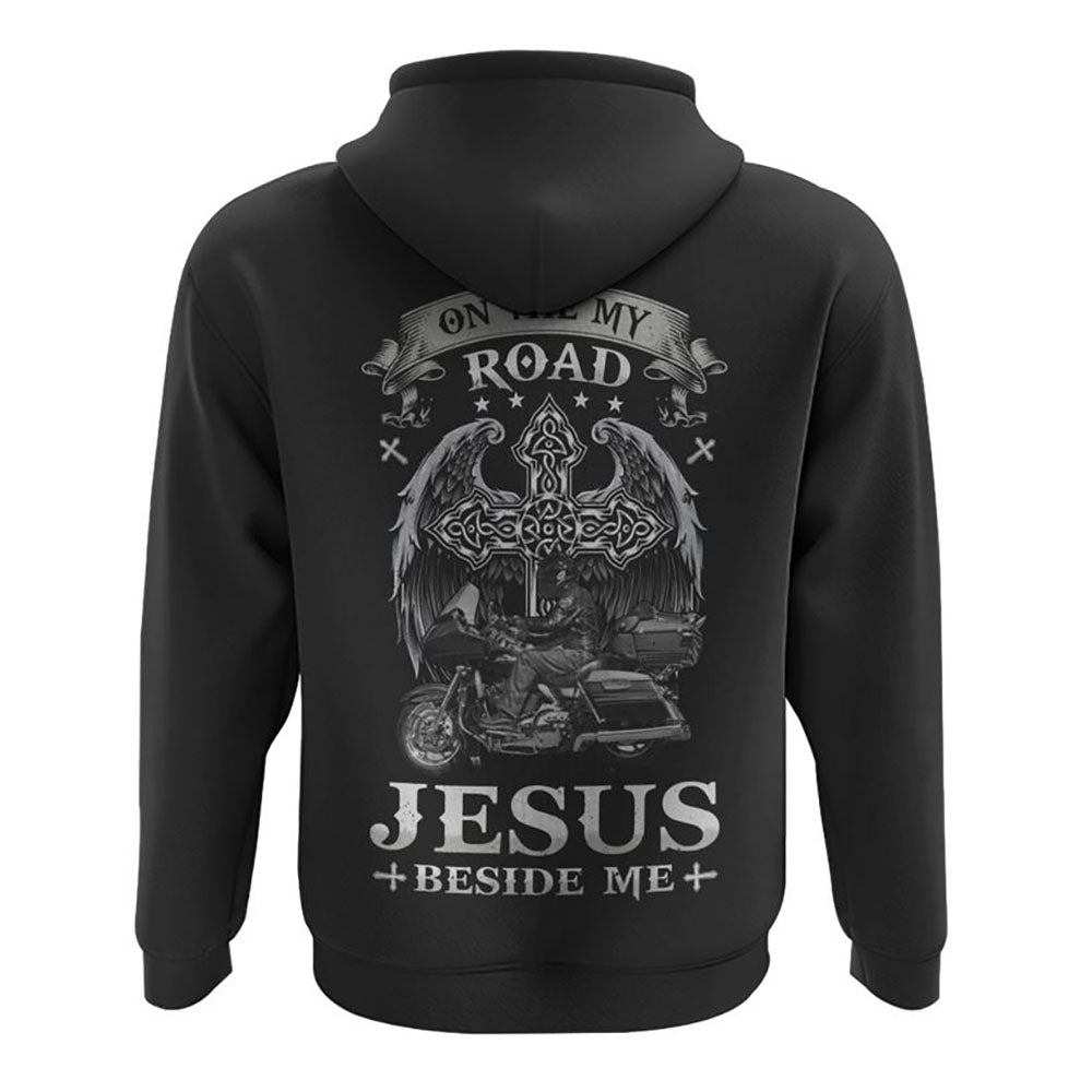 On The My Road Jesus Beside Me Biker All Over Print 3D Hoodie, Christian Hoodie, Christian Sweatshirt, Bible Verse Shirt
