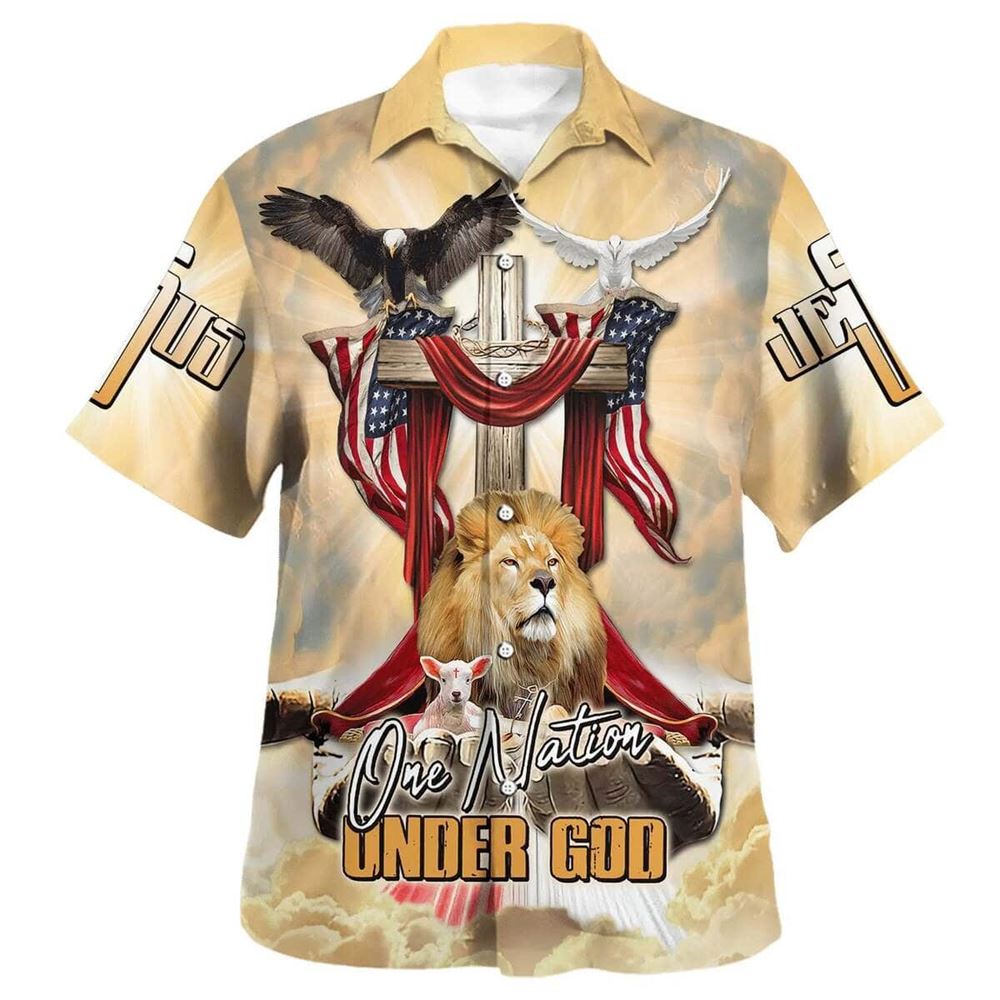 One Nation Under God America Flag Lion And The Lamb Jesus Christian Faith Hawaiian Shirt, Christian Hawaiian Shirt, Religious Gift