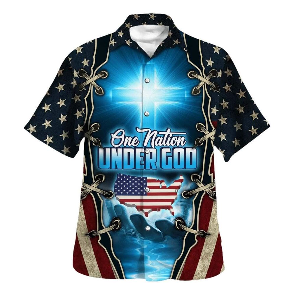 One Nation Under God American Cross Christian USA Flag Hawaiian Shirt For Men, Christian Hawaiian Shirt, Gift For Christian