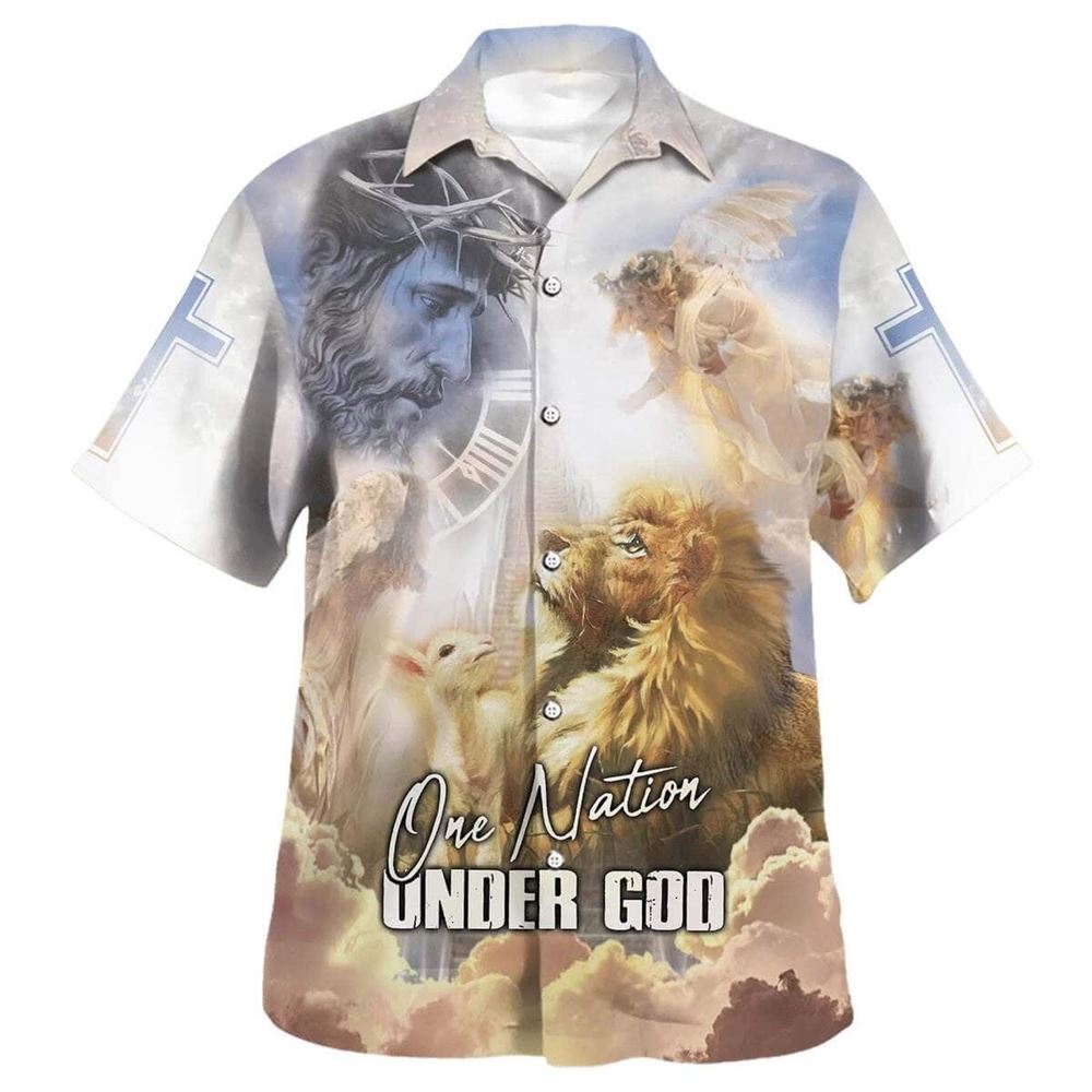 One Nation Under God Jesus Christ Lion And Lamb Christian Hawaiian Shirt For Men, Christian Hawaiian Shirt, Gift For Christian