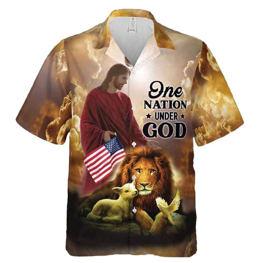 One Nation Under God Jesus Christian US Flag Lion Dove Hawaiian Shirt For Men, Christian Hawaiian Shirt, Gift For Christian