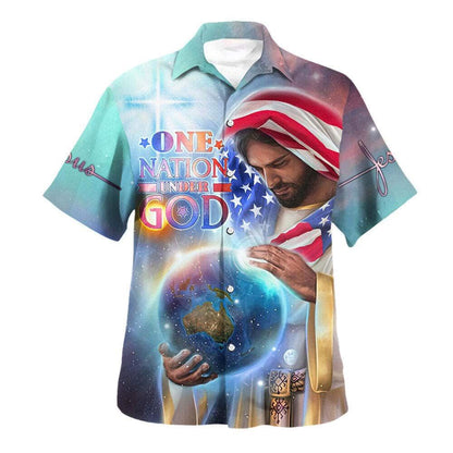 One Nation Under God Jesus Holding Earth American Flag Independence Day Hawaiian Shirt, Christian Hawaiian Shirt, Religious Gift