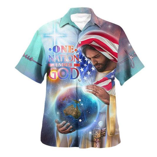 One Nation Under God Jesus Holding Earth American Flag Independence Day Hawaiian Shirt, Christian Hawaiian Shirt, Religious Gift
