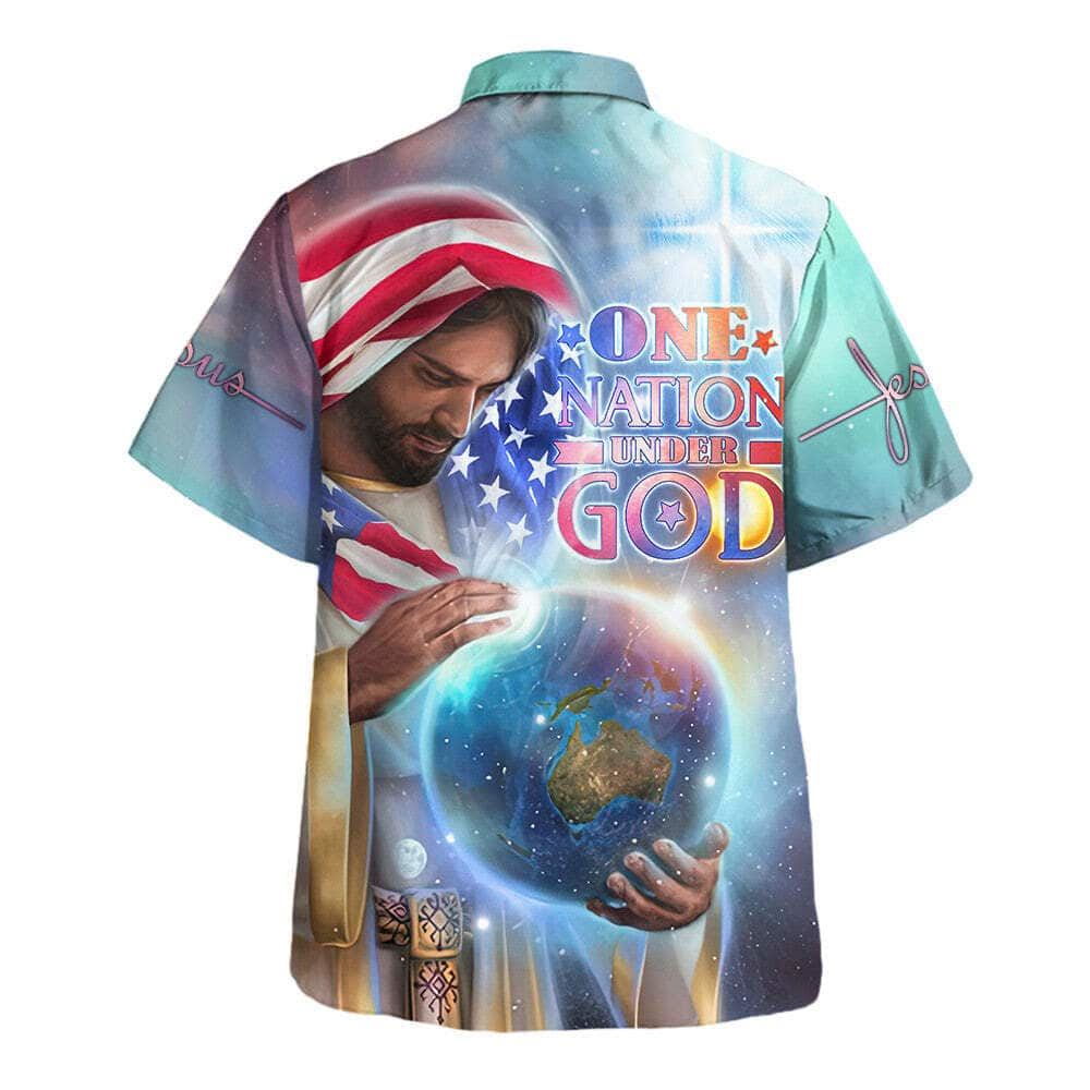 One Nation Under God Jesus Holding Earth American Flag Independence Day Hawaiian Shirt, Christian Hawaiian Shirt, Religious Gift