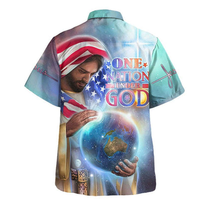 One Nation Under God Jesus Holding Earth American Flag Independence Day Hawaiian Shirt, Christian Hawaiian Shirt, Religious Gift