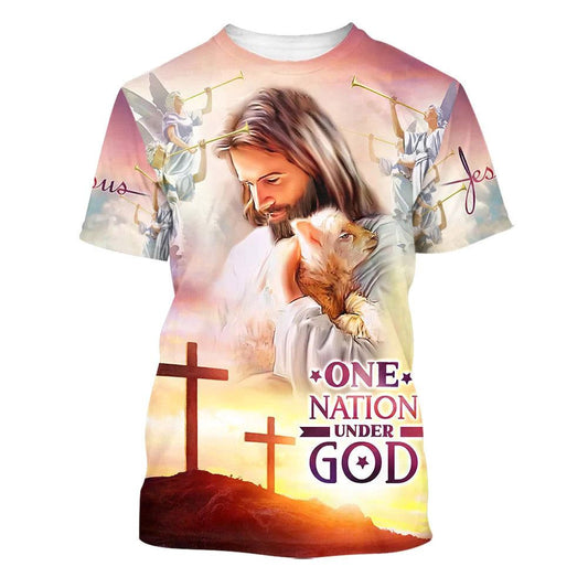 One Nation Under God Jesus Holding Sheep All Over Print 3D T Shirt For Men And Women, Christian T-Shirt, Faith Shirt