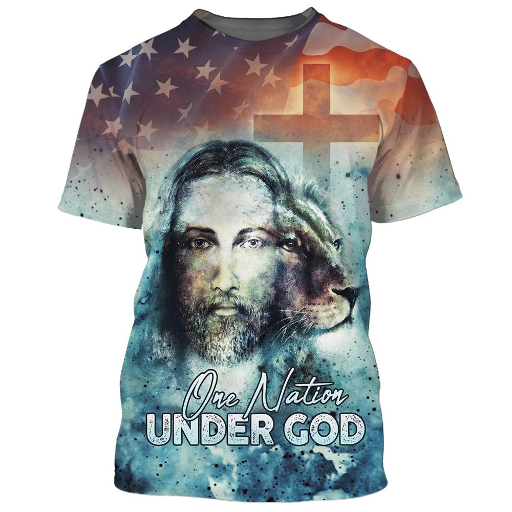 One Nation Under God Jesus Lion And Cross All Over Print 3D T Shirt For Men And Women, Christian T-Shirt, Faith Shirt