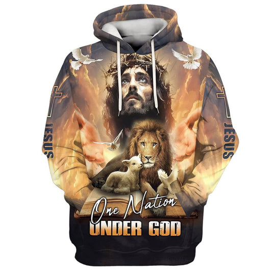 One Nation Under God, Jesus Lion And Lamb Hoodie For Men & Women, God 3D Printed Hoodie, Christian Apparel Hoodies