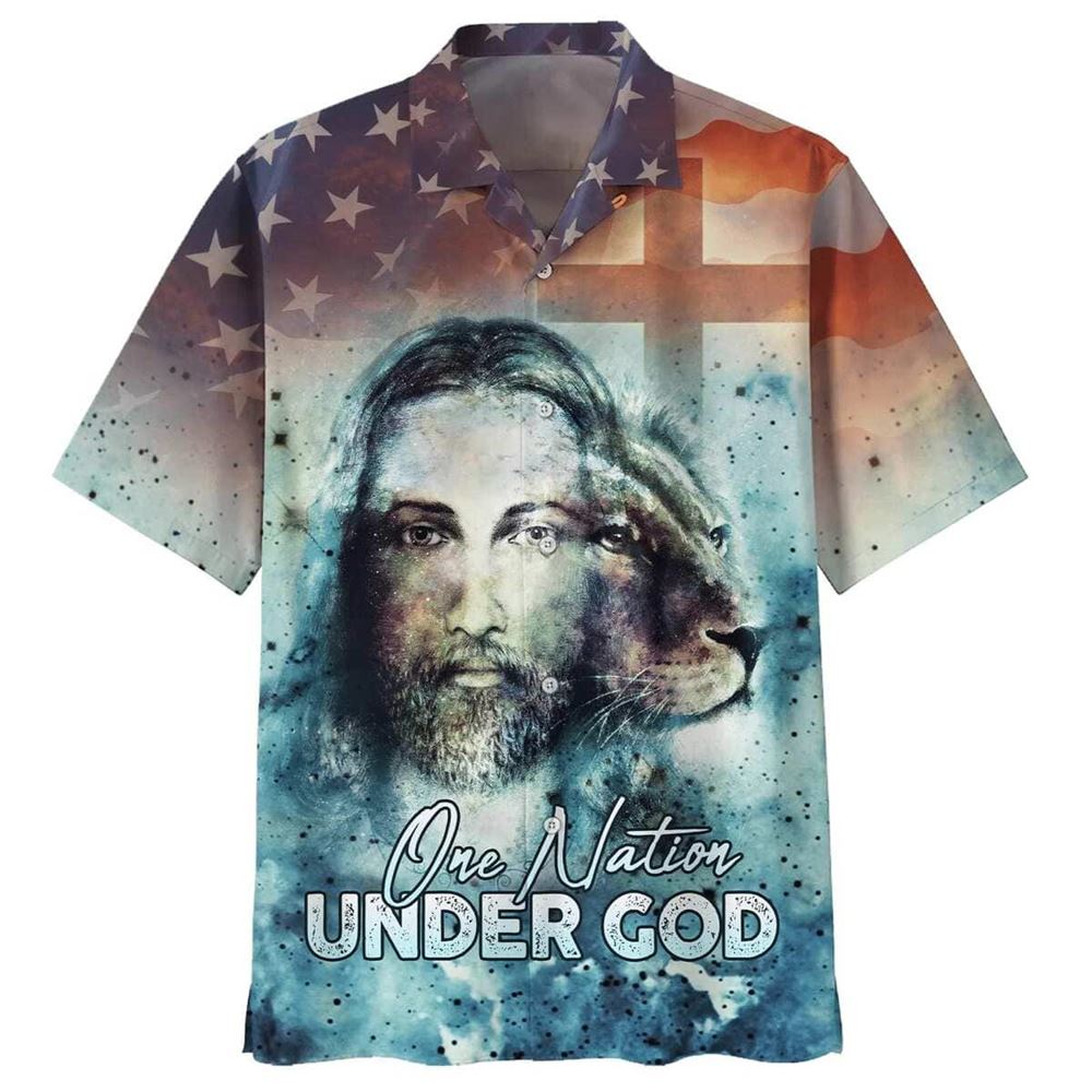 One Nation Under God Jesus Lion Christian US Flag Hawaiian Shirt For Men, Christian Hawaiian Shirt, Gift For Christian