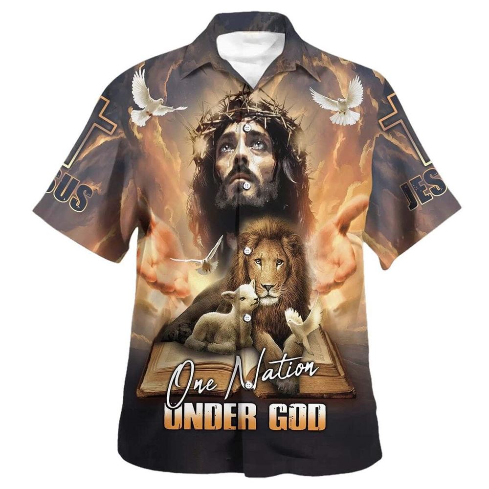 One Nation Under God Jesus Lion Cross Hawaiian Shirt For Men, Christian Hawaiian Shirt, Gift For Christian