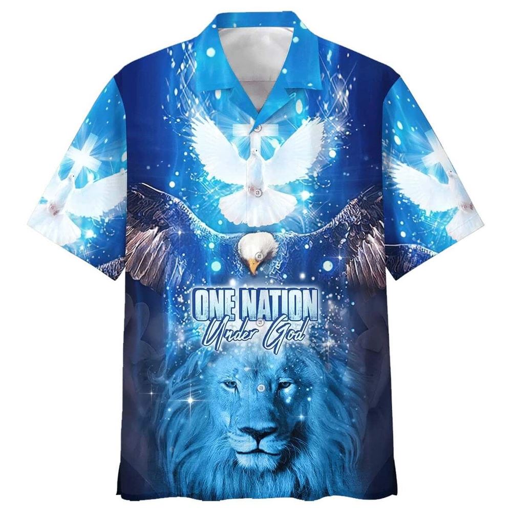 One Nation Under God Lion Christian Dove Cross Hawaiian Shirt For Men, Christian Hawaiian Shirt, Gift For Christian