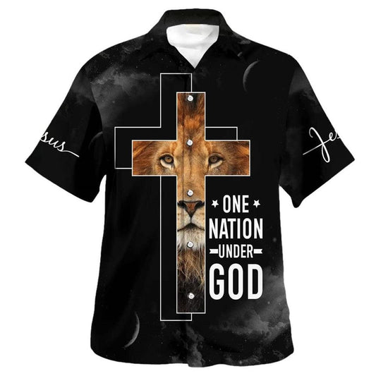 One Nation Under God Lion Cross Hawaiian Shirt For Men, Christian Hawaiian Shirt, Gift For Christian