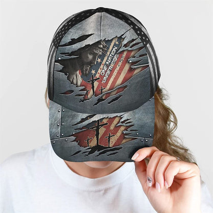 One Nation Under God With American Flag Baseball Cap, Christian Baseball Cap, Religious Cap, Jesus Gift, Jesus Hat
