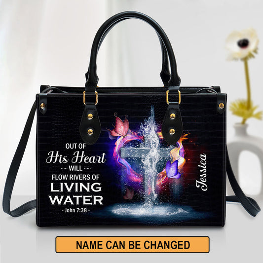 Out Of His Heart Will Flow Rivers Of Living Water Personalized Leather Bag For Women, Religious Gifts For Women