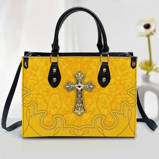 Outstanding Yellow Cross Christian Leather Handbag, Religious Gifts For Women, Women Pu Leather Bag