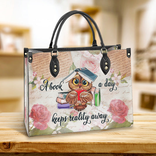 Owl A Book A Day Keeps Reality Away Leather Bag, Gift For Owl Lovers, Women's Pu Leather Bag