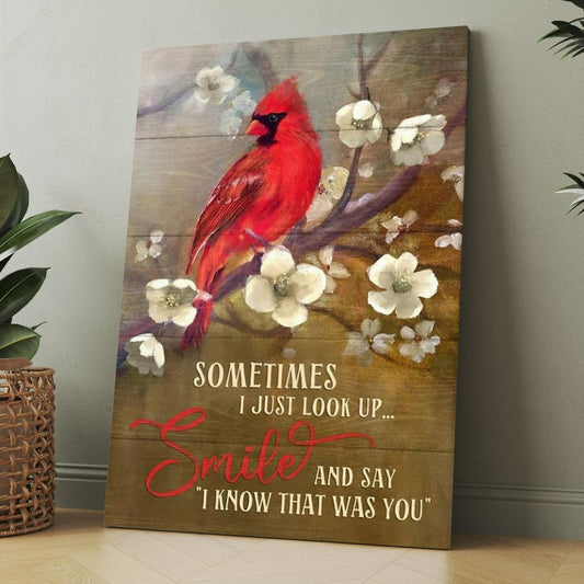Peach Blossom Drawing, Red Cardinal, Sometimes I Just Look Up Canvas, Christmas Gift for Christian