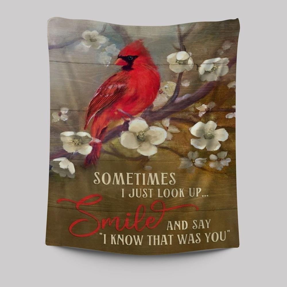 Peach Blossom Drawing, Red Cardinal, Sometimes I Just Look Up Tapestry