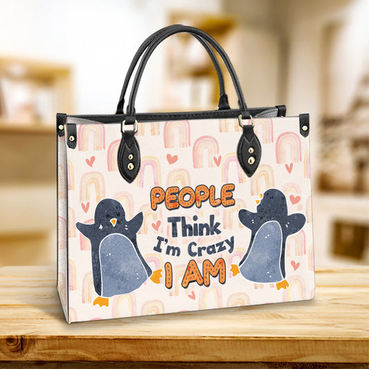 Penguin People Think Im Crazy Leather Bag, Best Gifts For Penguin Lovers, Women's Pu Leather Bag