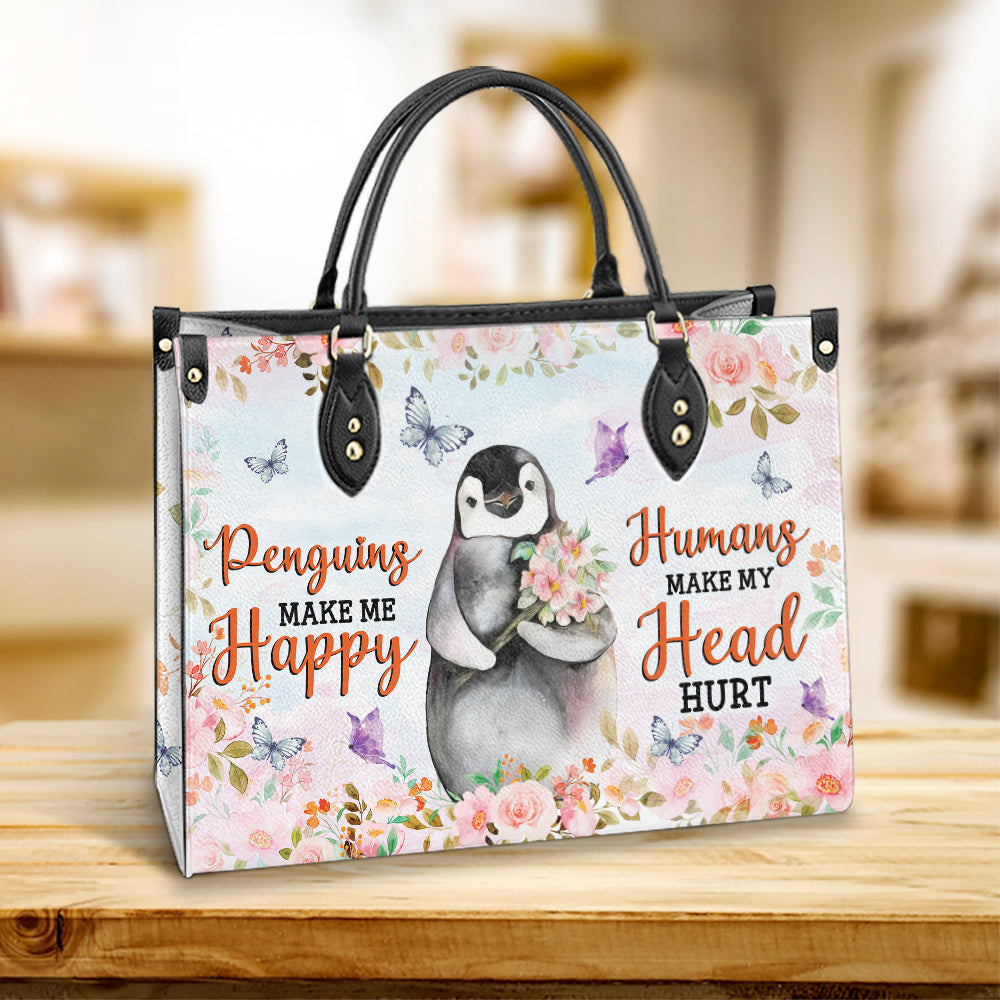 Penguin Pink Flowers Penguins Make Me Happy Leather Bag, Best Gifts For Penguin Lovers, Women's Pu Leather Bag