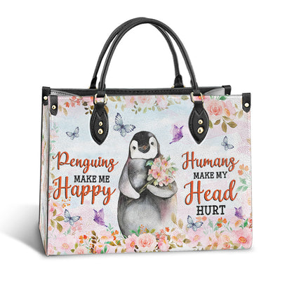 Penguin Pink Flowers Penguins Make Me Happy Leather Bag, Best Gifts For Penguin Lovers, Women's Pu Leather Bag