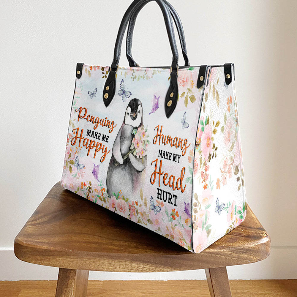 Penguin Pink Flowers Penguins Make Me Happy Leather Bag, Best Gifts For Penguin Lovers, Women's Pu Leather Bag