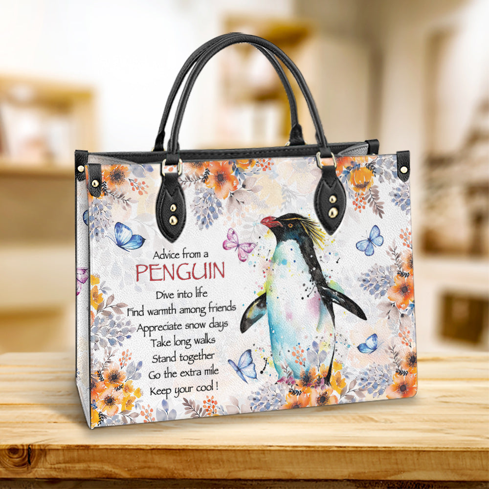 Penguin Watercolor Advice From A Penguin Leather Bag, Best Gifts For Penguin Lovers, Women's Pu Leather Bag