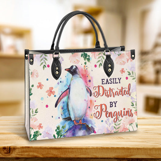 Penguin Watercolor Easily Distracted By Penguins Leather Bag, Best Gifts For Penguin Lovers, Women's Pu Leather Bag