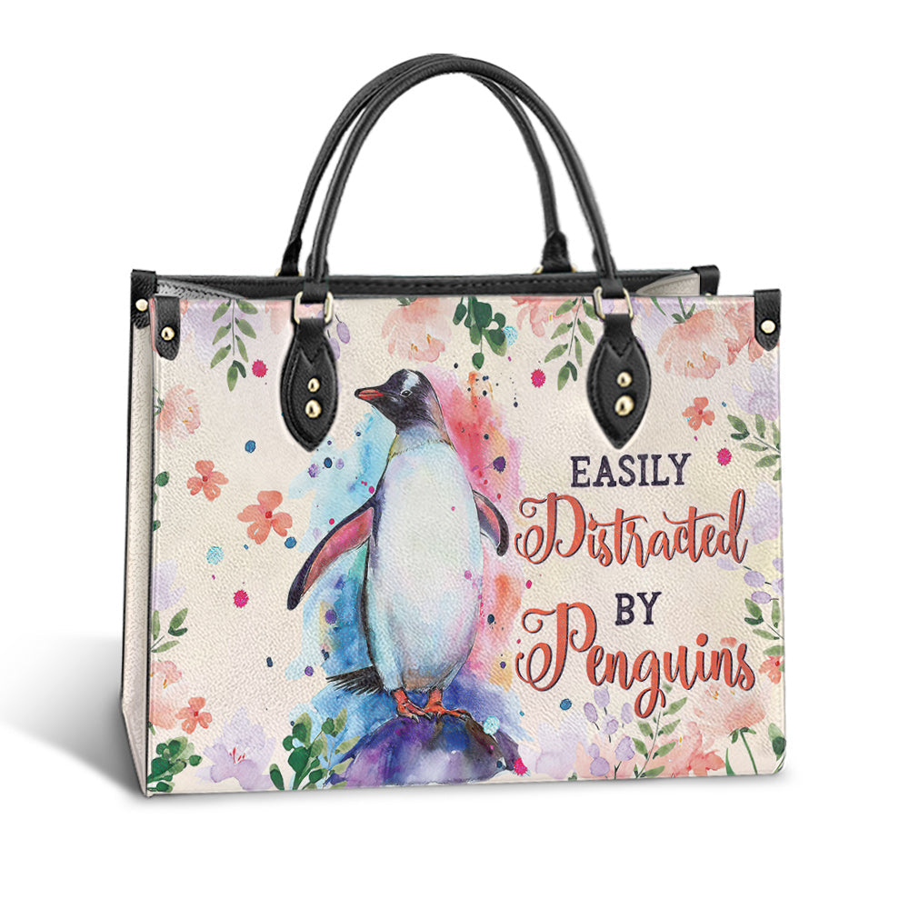 Penguin Watercolor Easily Distracted By Penguins Leather Bag, Best Gifts For Penguin Lovers, Women's Pu Leather Bag