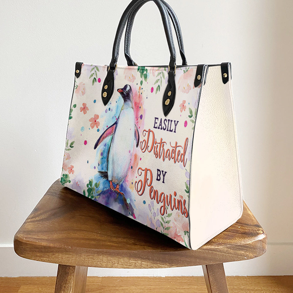 Penguin Watercolor Easily Distracted By Penguins Leather Bag, Best Gifts For Penguin Lovers, Women's Pu Leather Bag