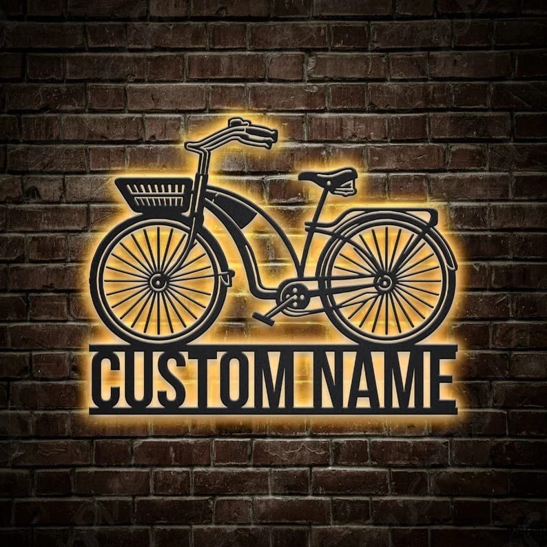 Personalization Bicycle Sport Girl Monogram Metal Sign, Led Lights Bicycle Sport Metal Sign, Metal Wall Decor, Wall Hanging Art, Home Decor Sign