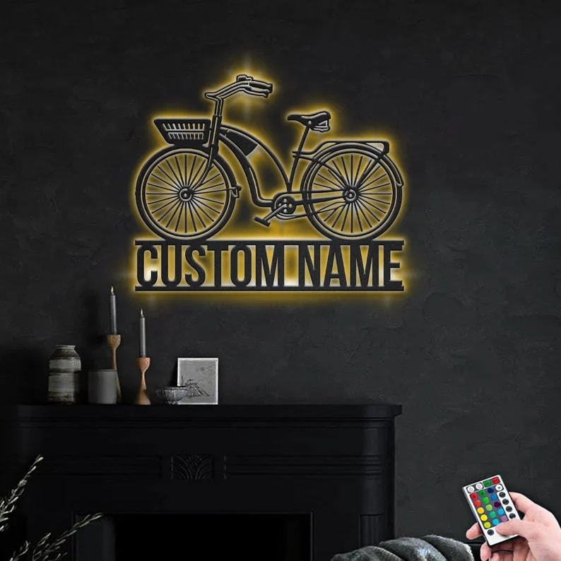 Personalization Bicycle Sport Girl Monogram Metal Sign, Led Lights Bicycle Sport Metal Sign, Metal Wall Decor, Wall Hanging Art, Home Decor Sign