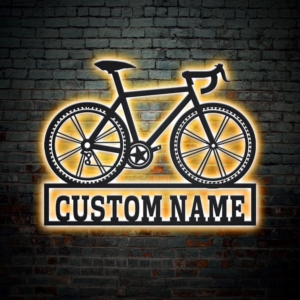 Personalization Bicycle Sport Monogram Metal Sign, Led Lights Bicycle Sport Metal Sign, Metal Wall Decor, Wall Hanging Art, Home Decor Sign