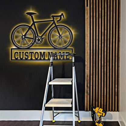 Personalization Bicycle Sport Monogram Metal Sign, Led Lights Bicycle Sport Metal Sign, Metal Wall Decor, Wall Hanging Art, Home Decor Sign