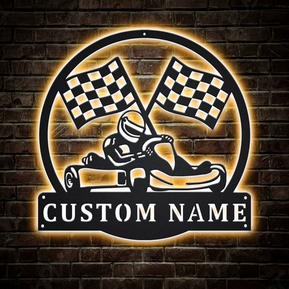 Personalization Go Kart Racing Monogram Metal Sign, Led Lights Go Kart Racing Metal Sign, Metal Wall Decor, Wall Hanging Art, Home Decor Sign
