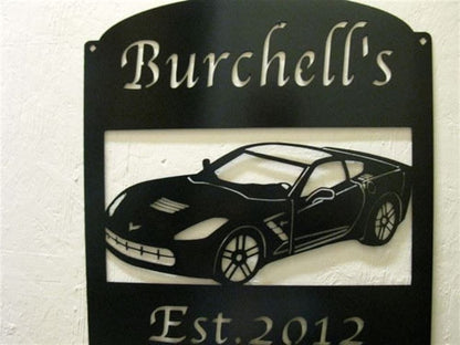 Personalization Metal Sign With Corvette, Metal House Sign, Metal Wall Decor, Wall Hanging Art, Home Decor Sign