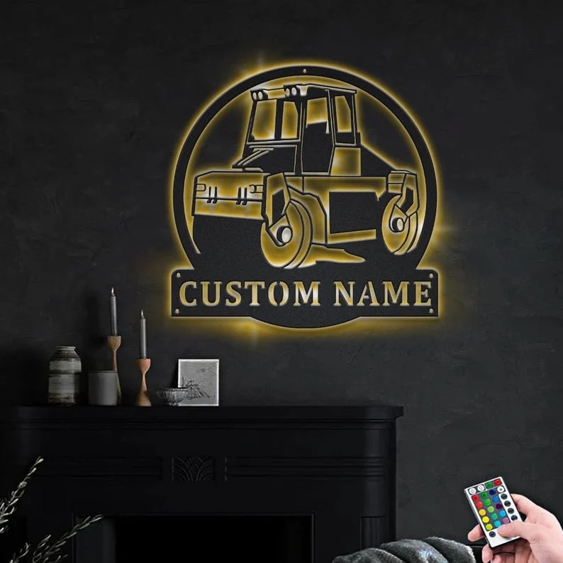 Personalization Road Compactor Roller Metal Sign, Led Lights Road Compactor Roller Metal Sign, Metal Wall Decor, Wall Hanging Art, Home Decor Sign