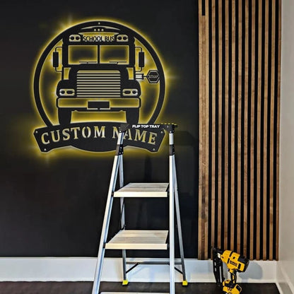 Personalization School Bus Driver Monogram Metal Sign, Led Lights Bus Driver Metal Sign, Metal Wall Decor, Wall Hanging Art, Home Decor Sign