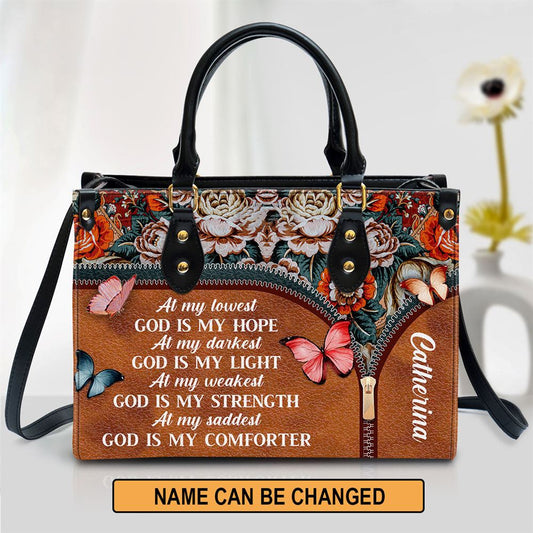 Personalized At My Lowest God Is My Hope Leather Bag, Christian Pu Leather Bags For Women