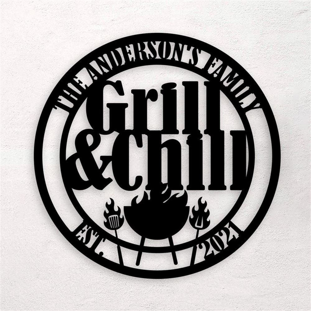 Personalized Backyard Bar & Grill Metal Wall, Patio Metal Sign, Bbq Outside Decor, Metal Grill And Chill Sign
