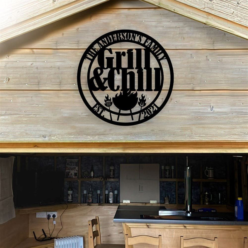 Personalized Backyard Bar & Grill Metal Wall, Patio Metal Sign, Bbq Outside Decor, Metal Grill And Chill Sign