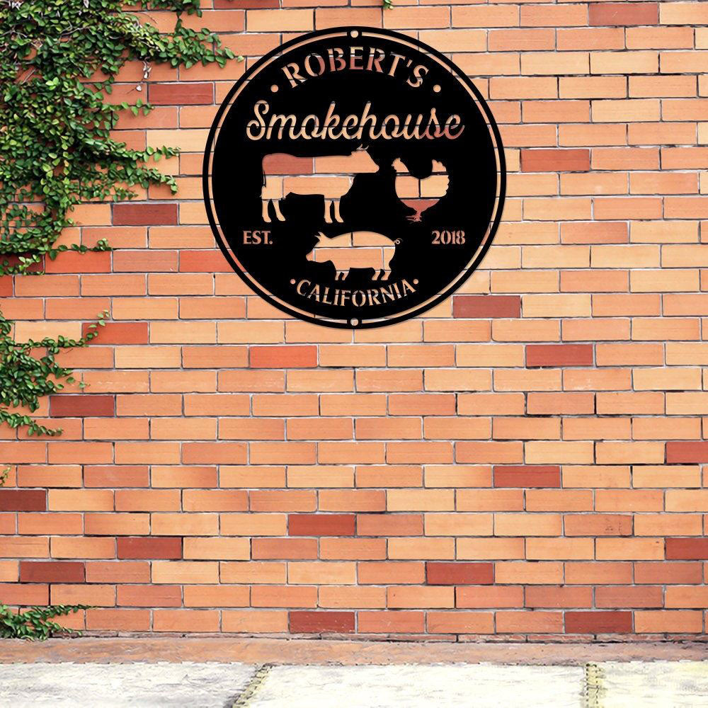 Personalized Bbq Smoke House Metal Sign, Grill Sign, Pig Chicken Cow Sign, Backyard Smokehouse And Grill Bar Sign, Father's Day Gift