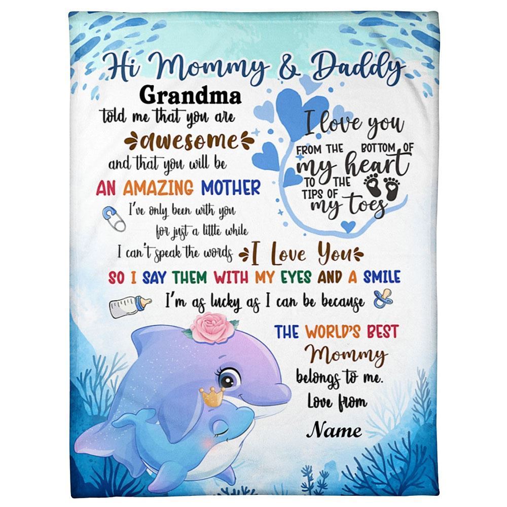 Personalized Blanket For Mom Dad From Baby Blue Dolphin From The Bottom Of My Heart Blanket, Mother's Day Blanket, Birthday Gift