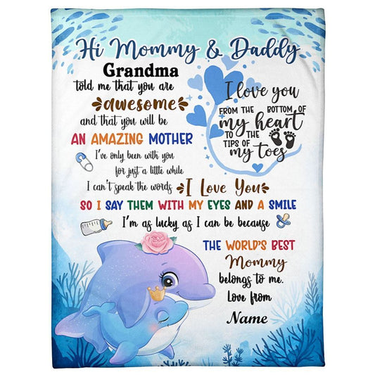 Personalized Blanket For Mom Dad From Baby Blue Dolphin From The Bottom Of My Heart Blanket, Mother's Day Blanket, Birthday Gift